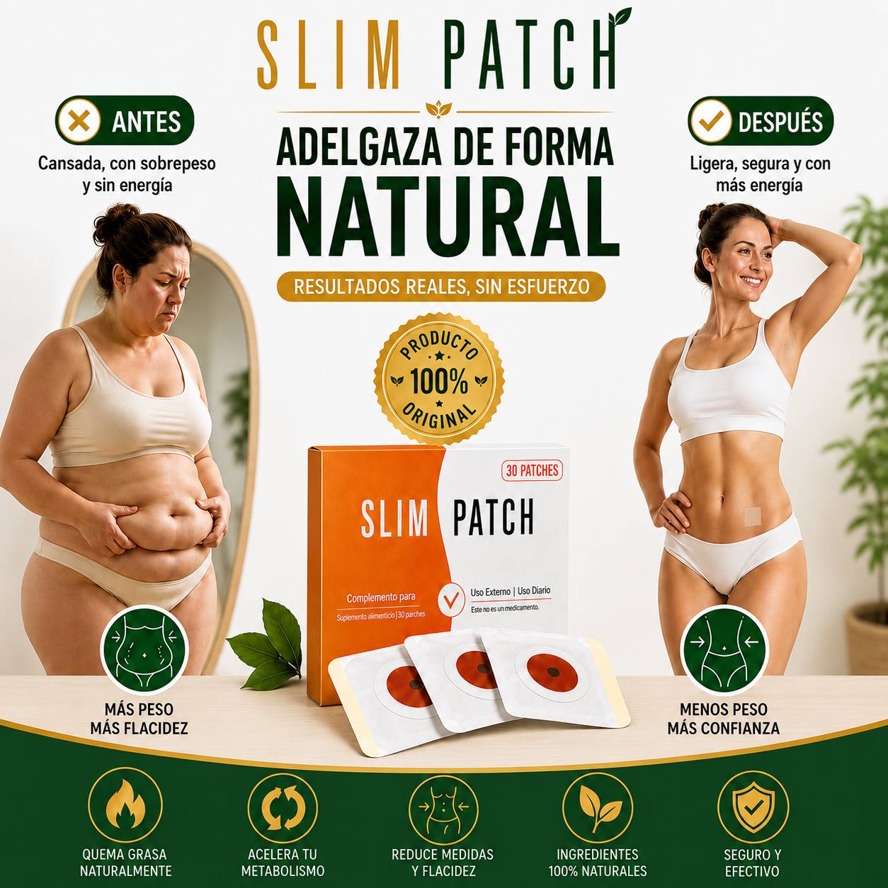 Mientras duermes, despídete de la grasa abdominal sin dietas | 1 Caja con 30 Parches | SlimPatch®